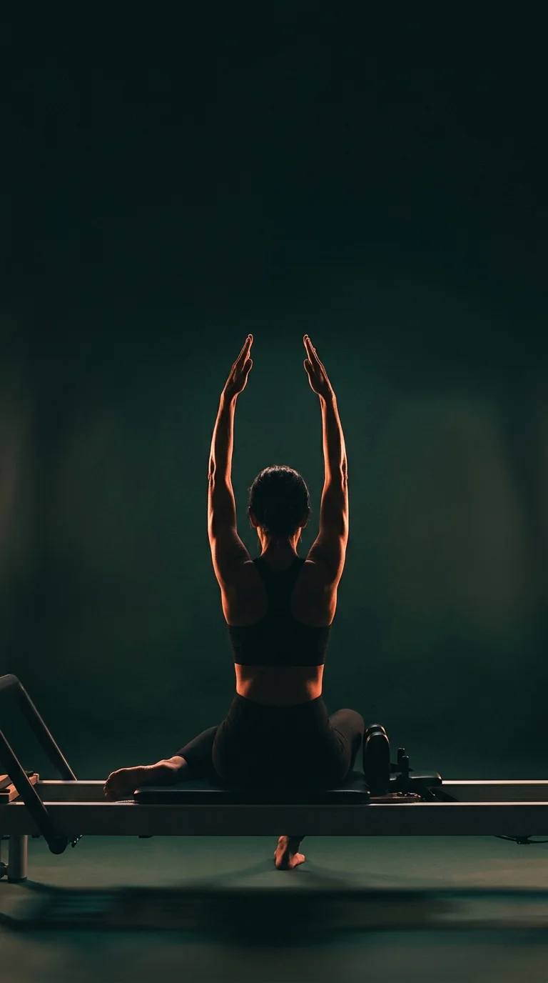A client practicing on a reformer with arms raised, seen from behind