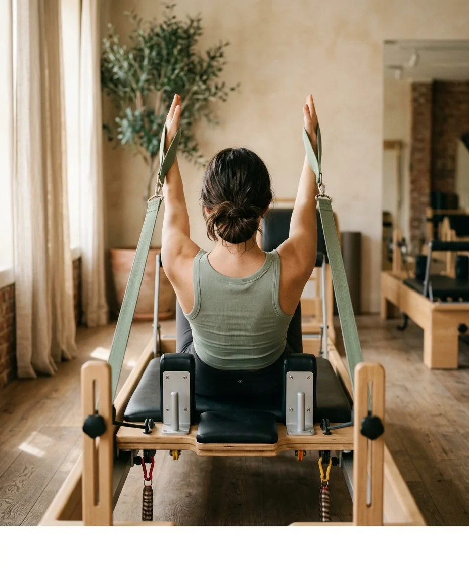 A client seated on a reformer during a session, seen from behind
