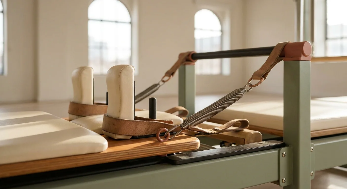 Close-up of reformer straps and springs in a bright studio