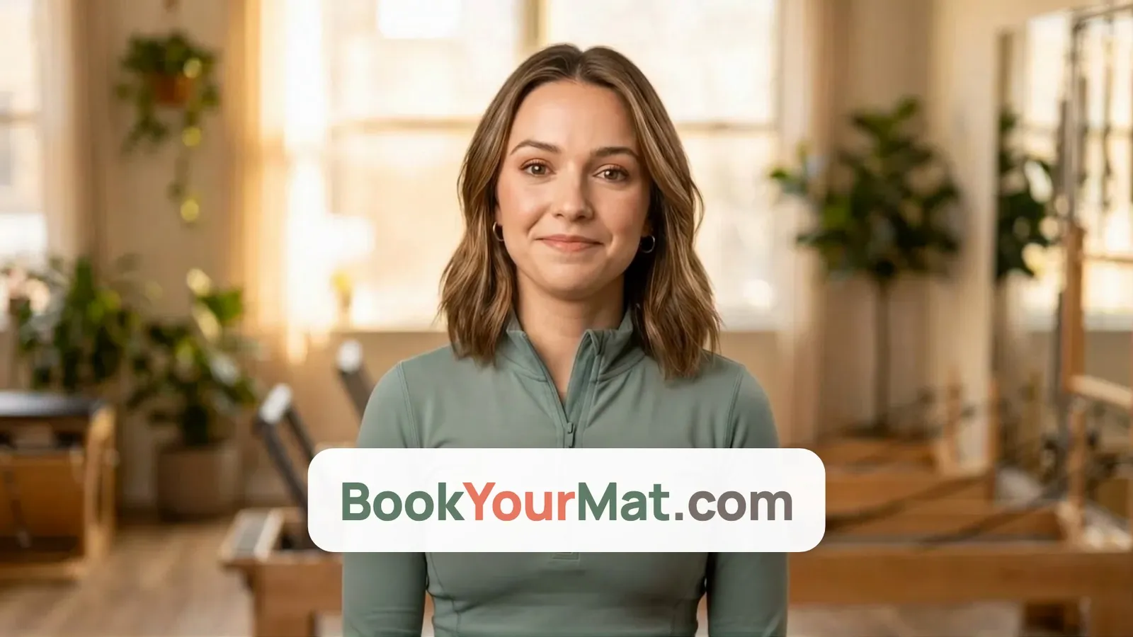 Becky in a Pilates studio, the opening frame of the BookYourMat tour film