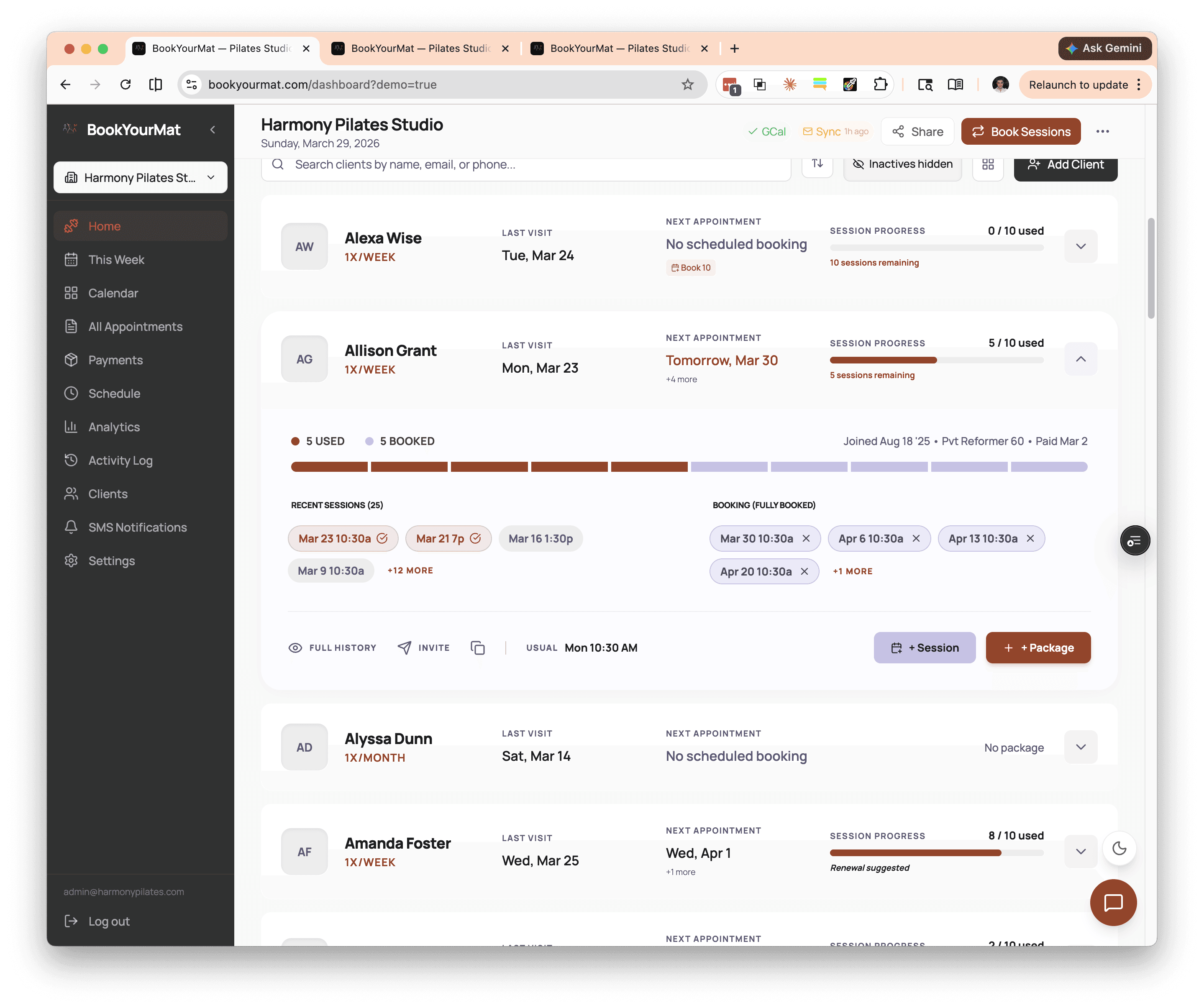 BookYourMat client list with package and attendance details