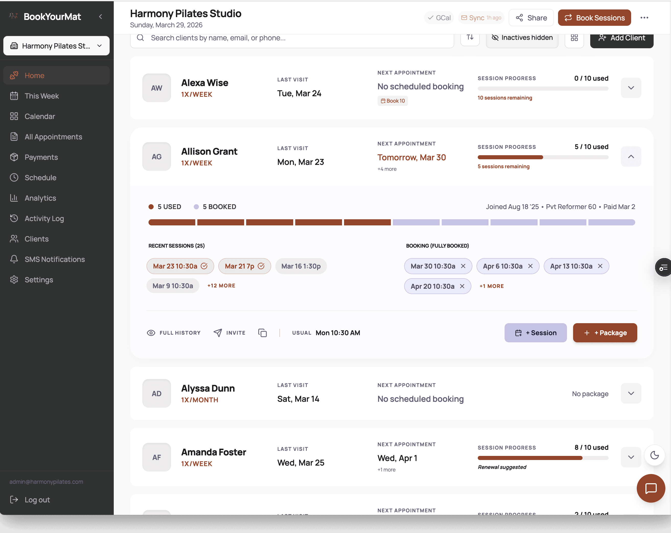 Client list showing session-progress bars for each package