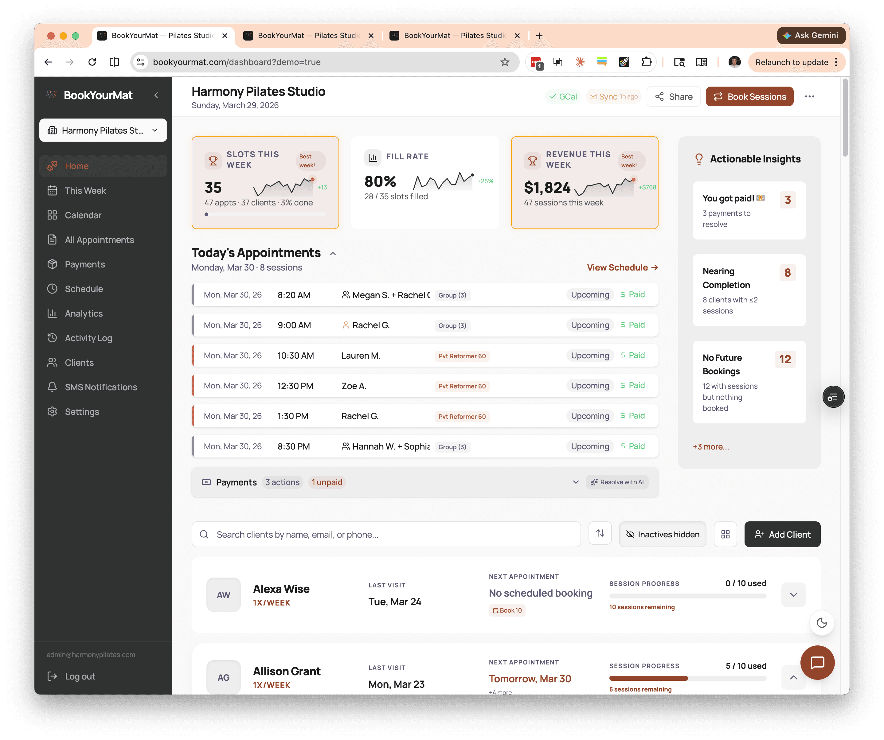 BookYourMat owner dashboard showing a weekly studio schedule