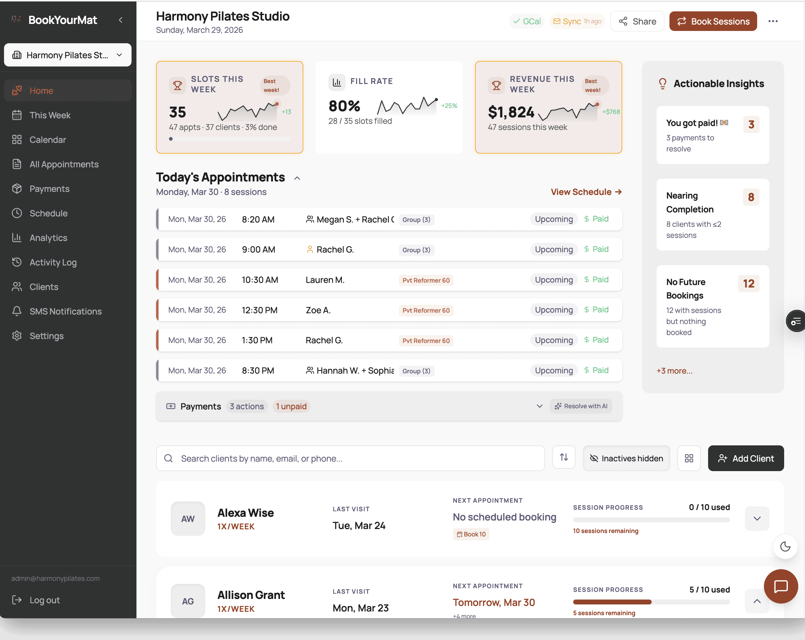 BookYourMat dashboard showing a studio schedule and client management workflow