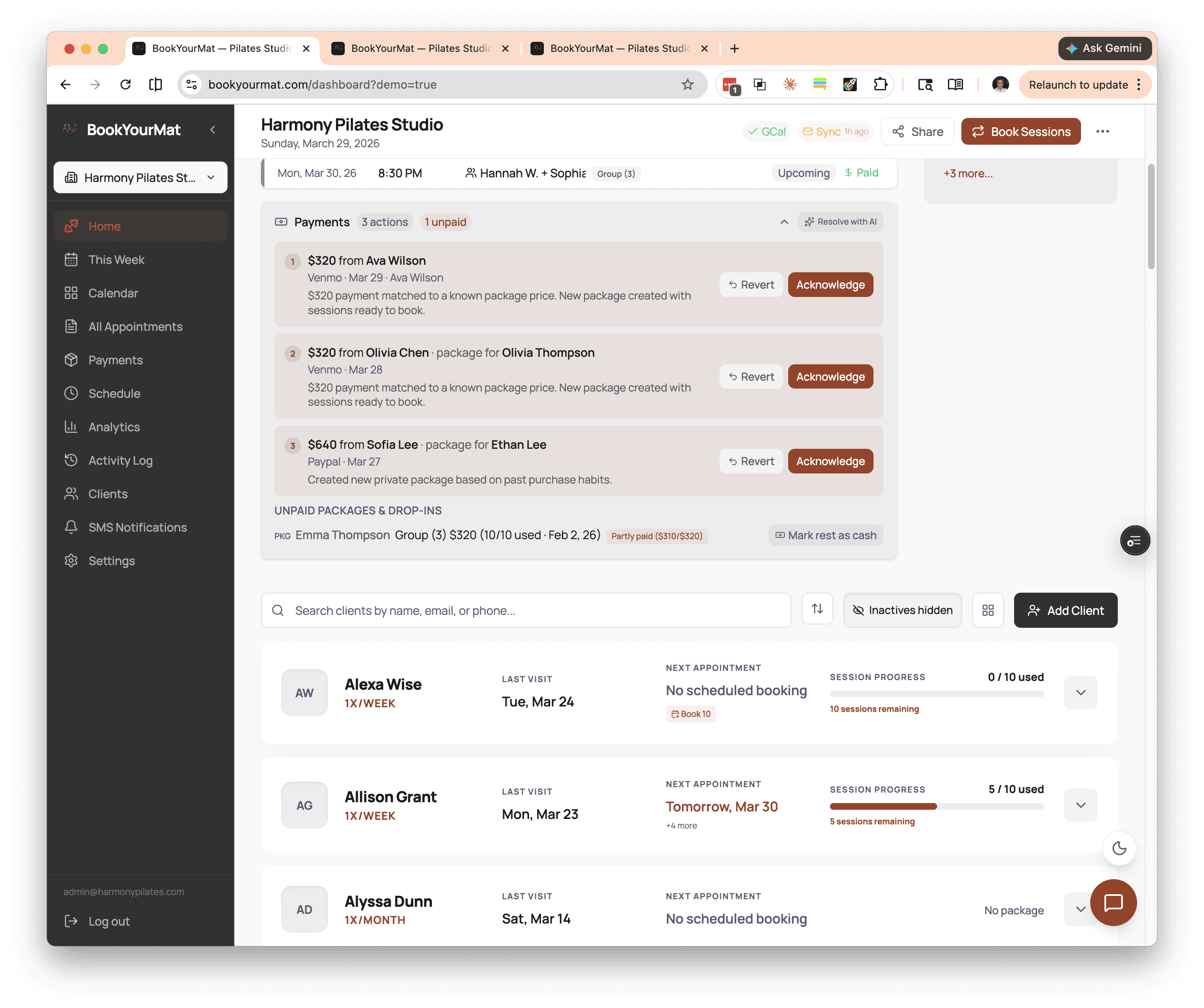 BookYourMat payment matching screen