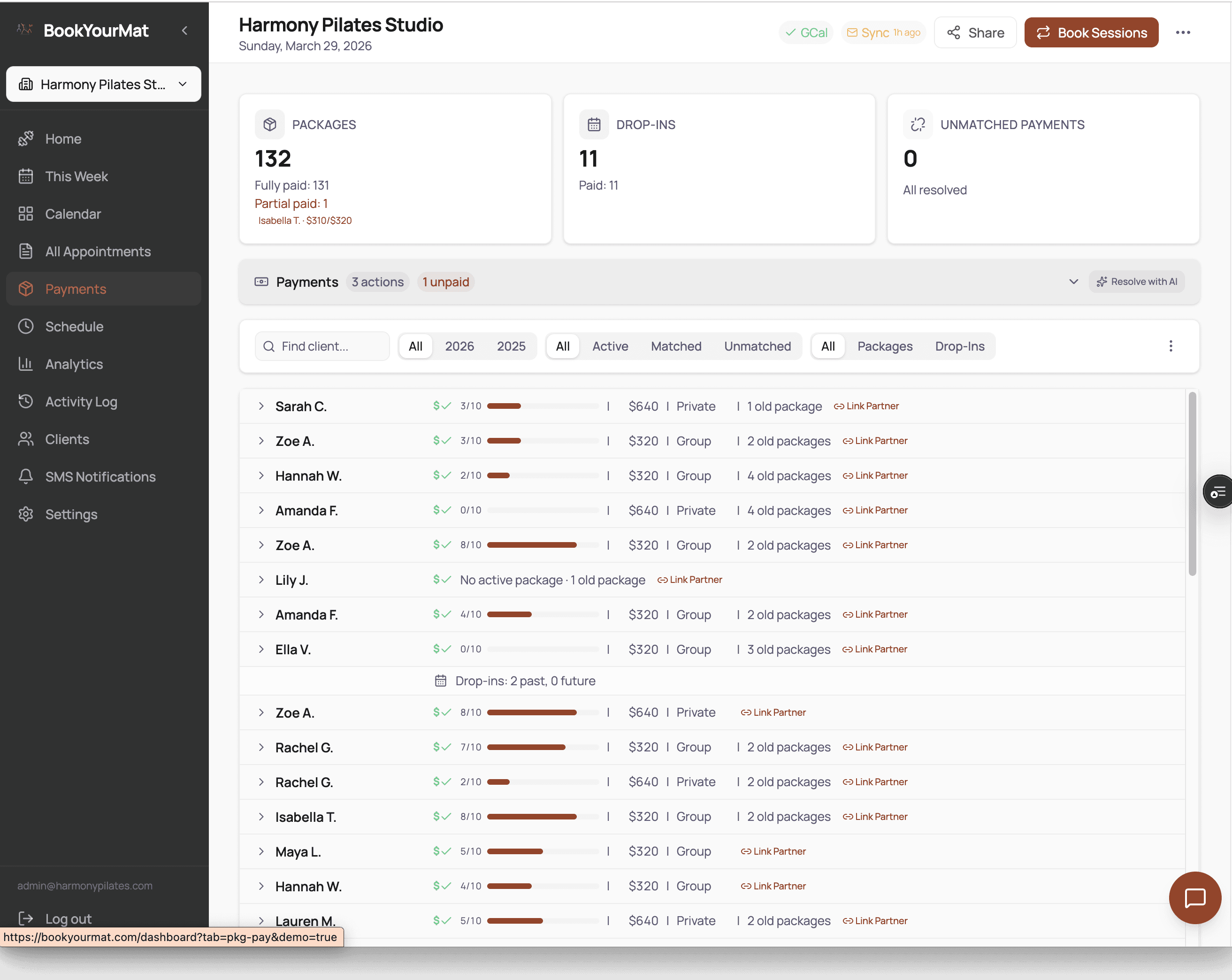 Payments overview showing packages, drop-ins, and unmatched payments at zero unresolved