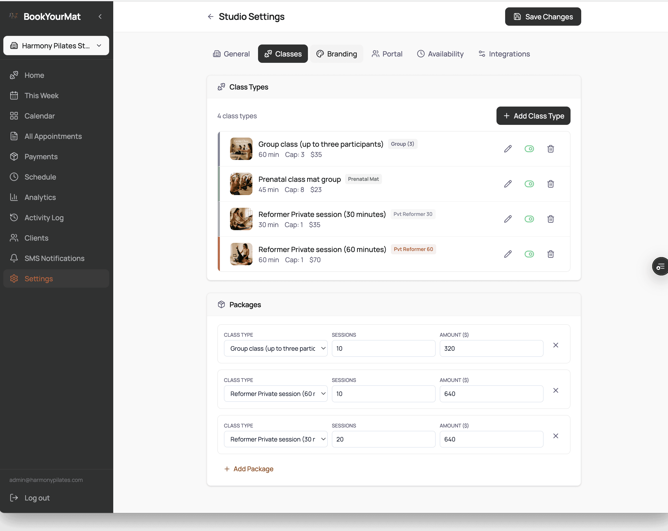 Class Types and Packages configuration screen