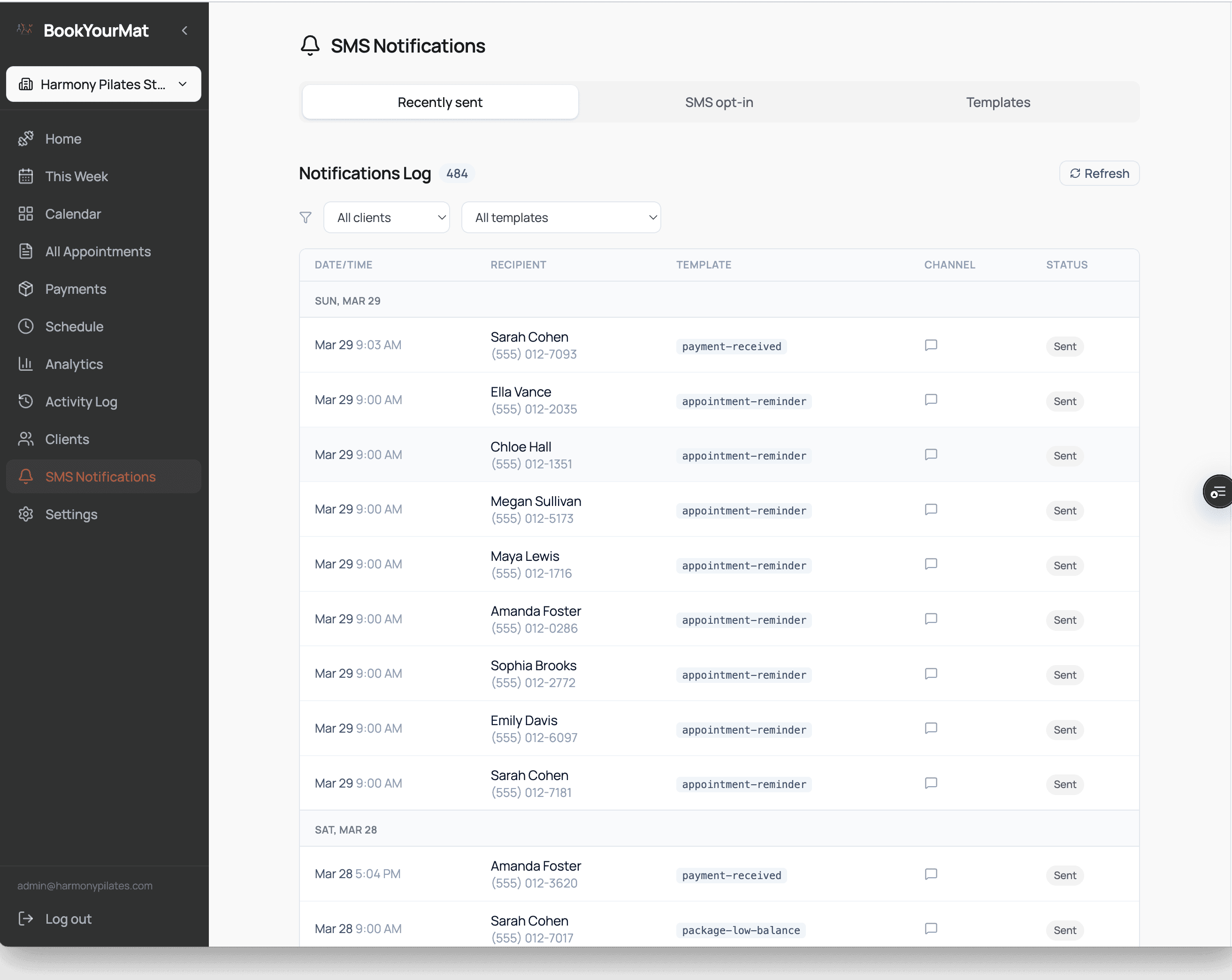 Notifications log showing sent SMS with channel, recipient, and status