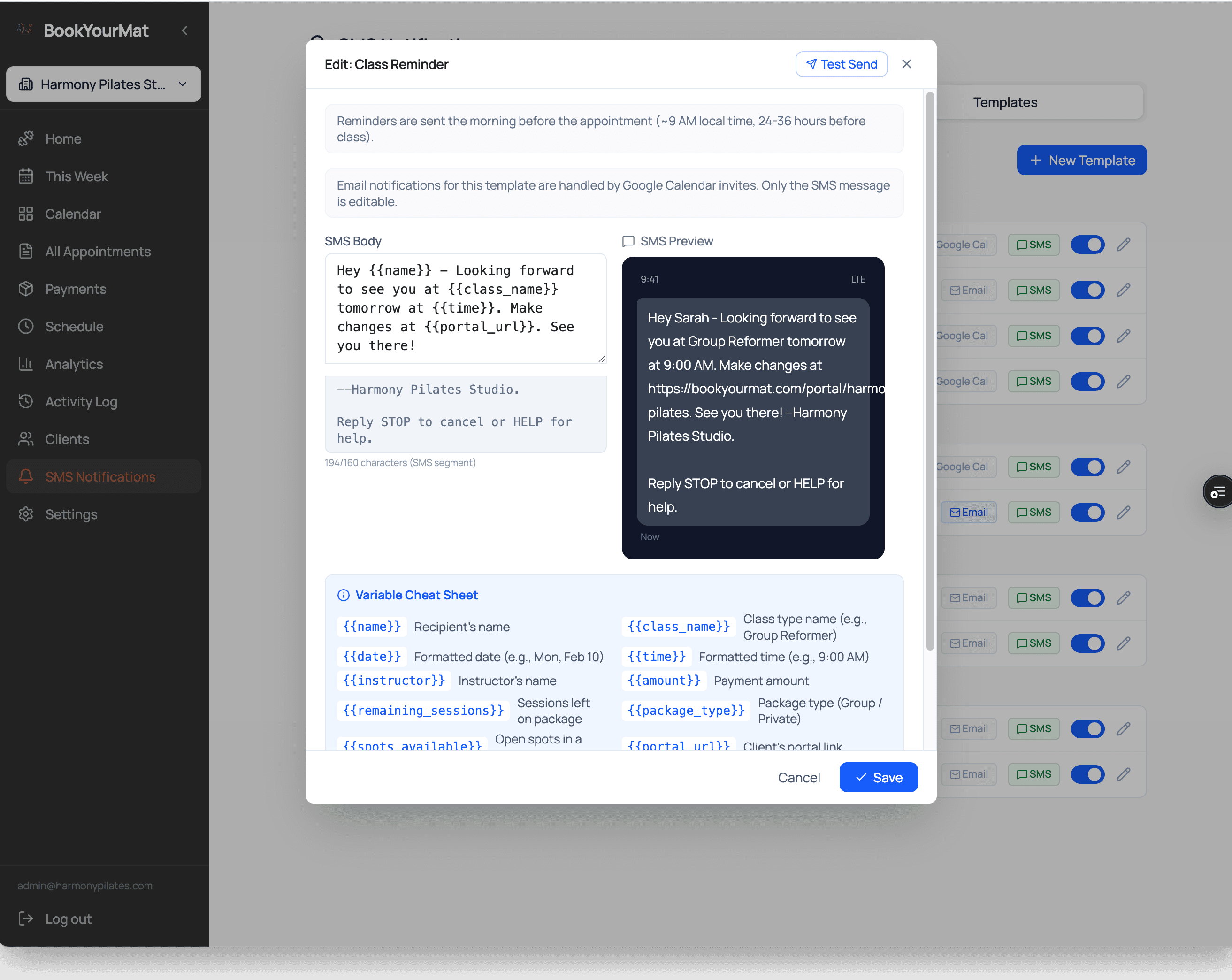 Template editor with a variable cheat sheet for building a reminder message