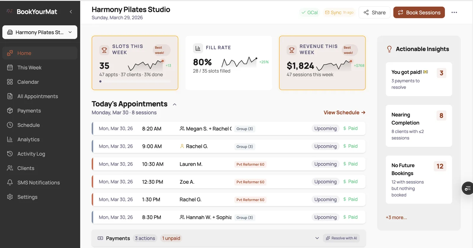 BookYourMat owner home: 35 slots this week, 80% fill rate, $1,824 revenue this week, today's appointments listed with paid status, and an insights column showing payments to resolve, clients nearing completion, and clients with no future bookings