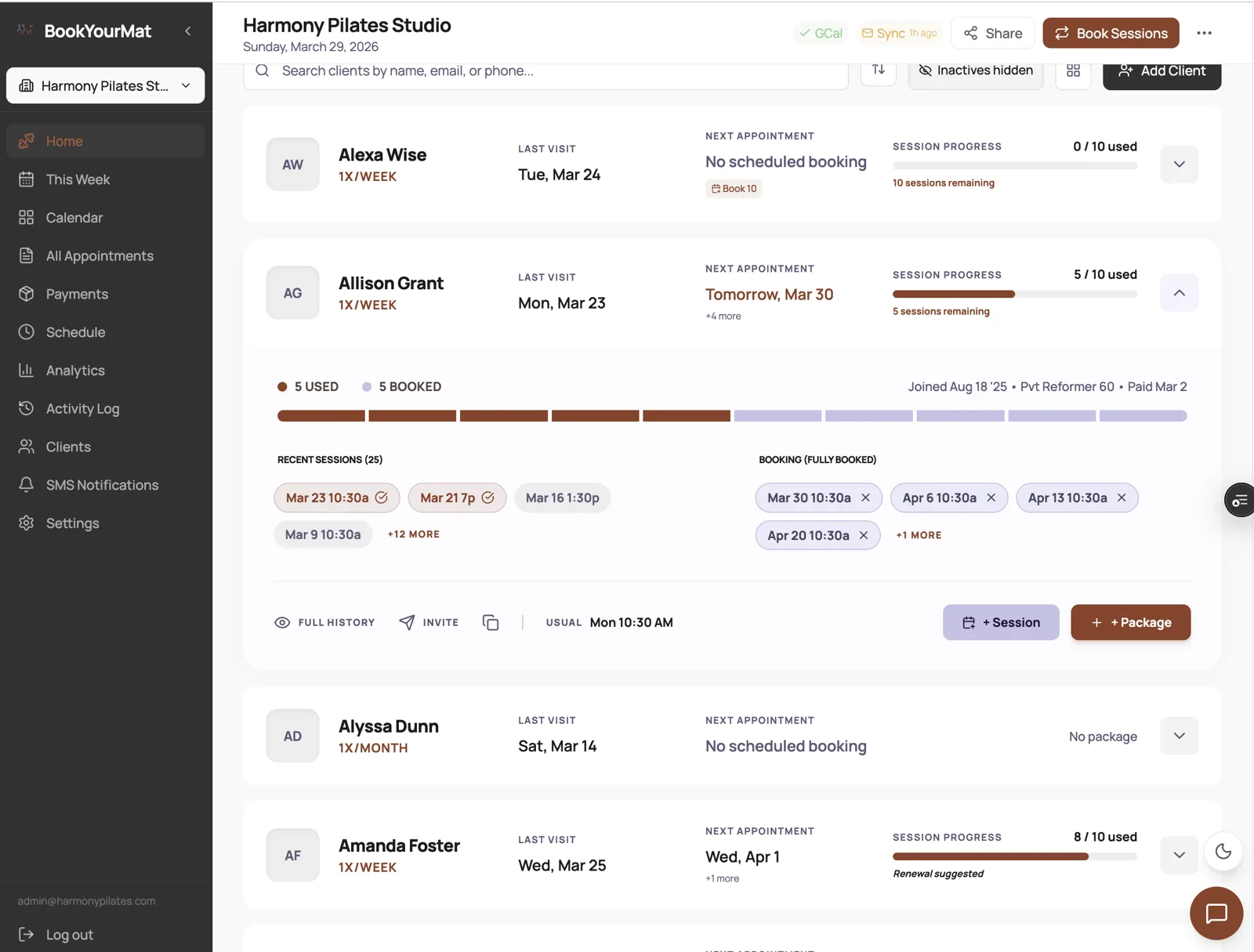 The BookYourMat client list with each client's package progress and next appointment.