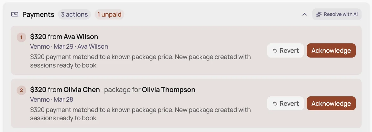 BookYourMat payments panel: a $320 Venmo payment from Ava Wilson and a $320 Venmo payment from Olivia Chen, each matched to a known package price with a new package created, with Acknowledge buttons
