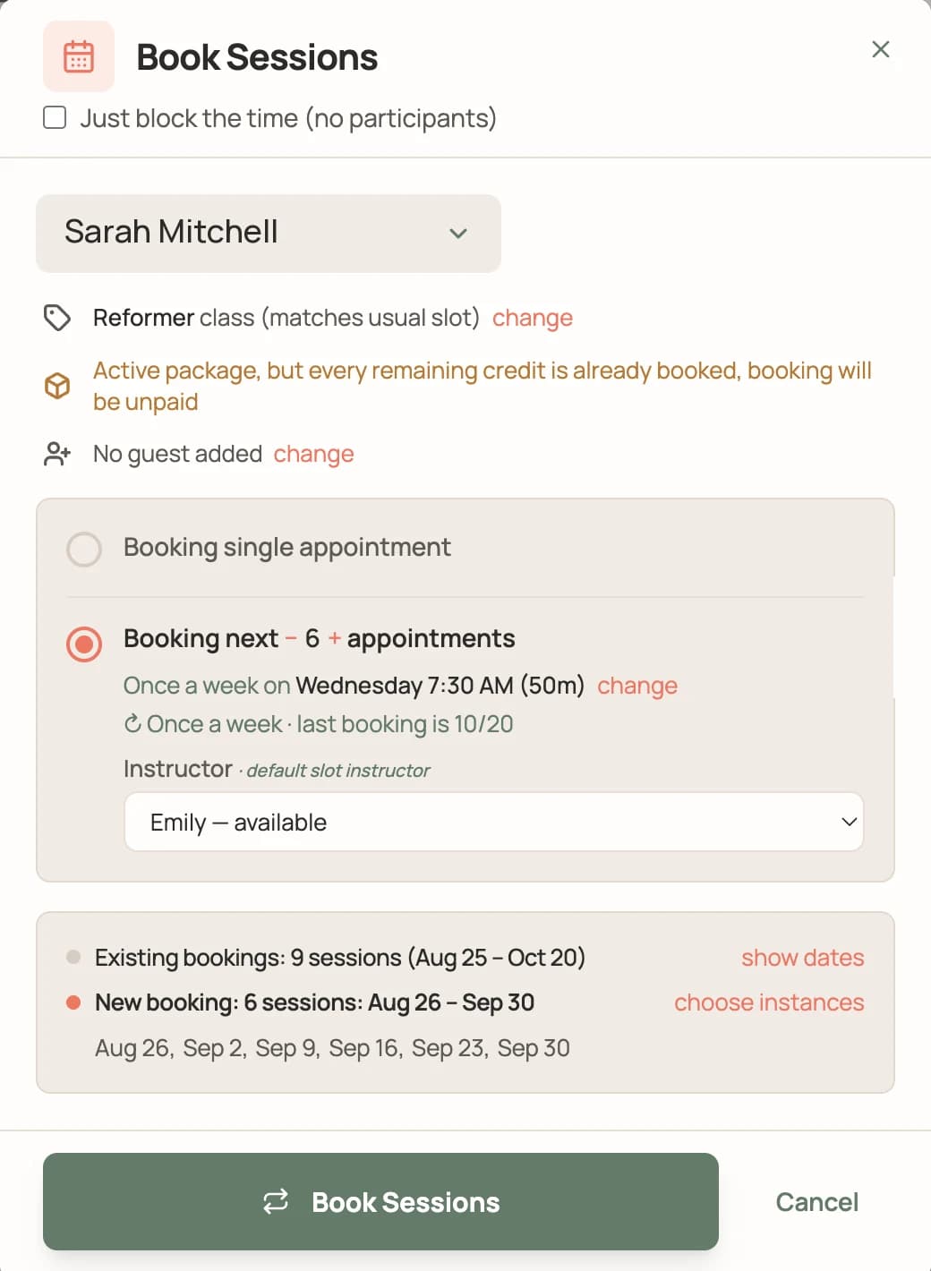 BookYourMat Book Sessions dialog: Reformer class matches the client’s usual slot, booking the next 6 Wednesdays at 7:30 AM with Emily, with all six dates previewed