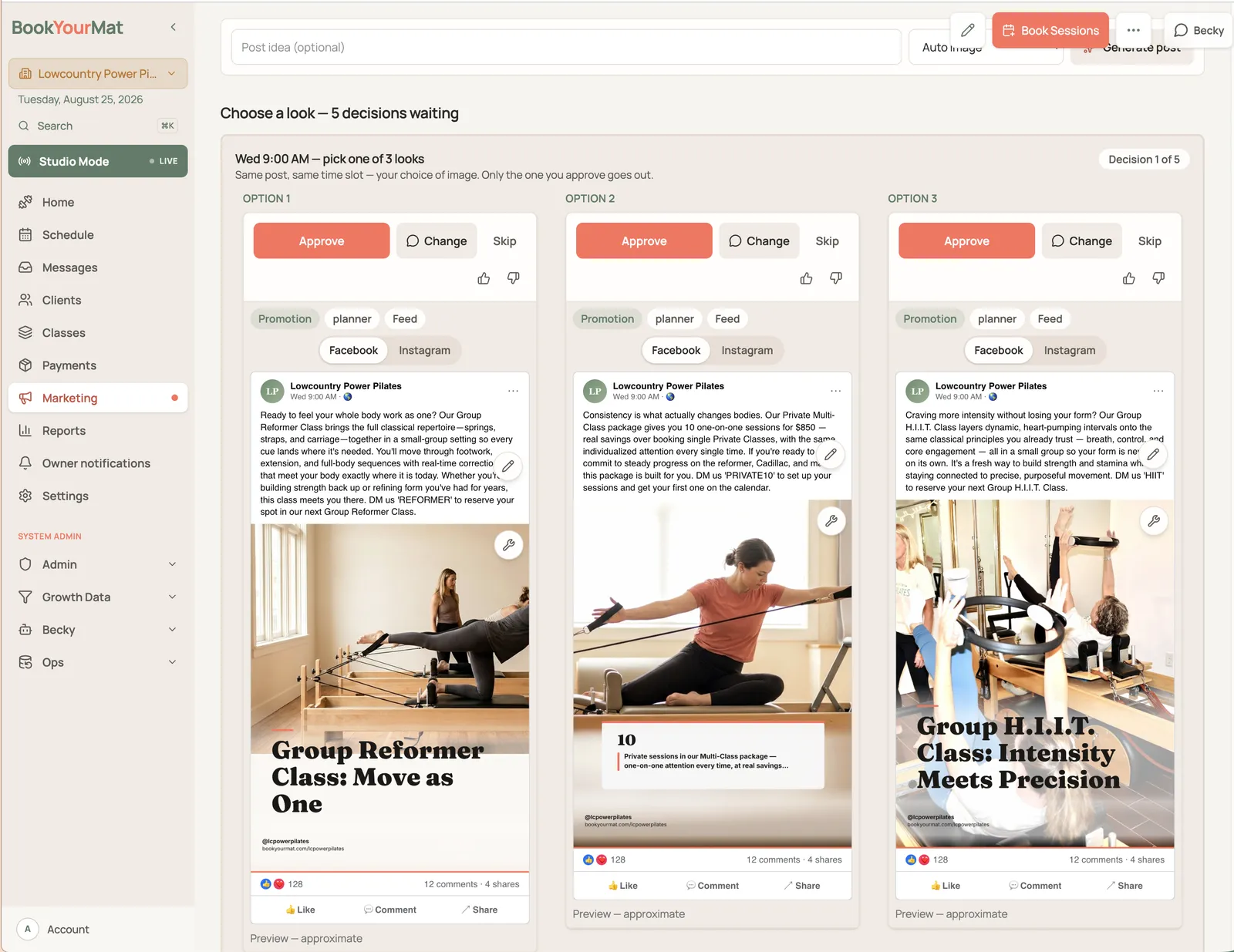 BookYourMat marketing screen: three drafted social posts for Wednesday 9:00 AM with Approve, Change, and Skip buttons