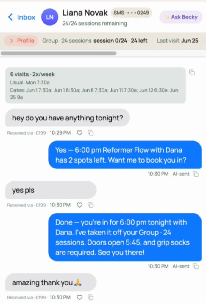 A real SMS thread showing Becky answering a client and booking her into a class