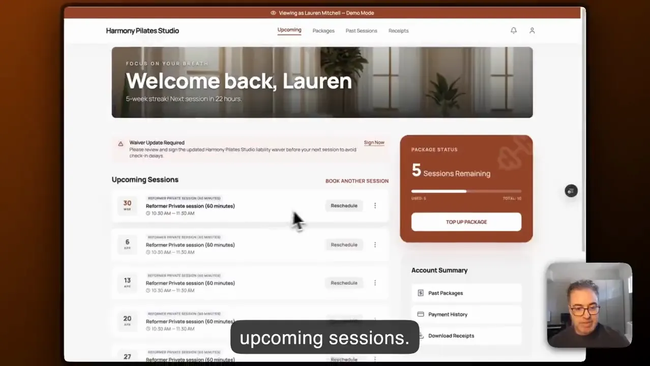 BookYourMat scheduling screen showing a recurring class booking