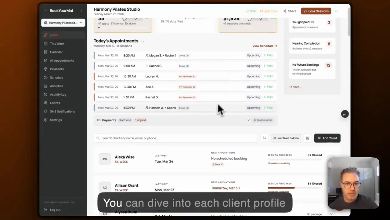 Studio KPI dashboard showing active clients, revenue, and retention